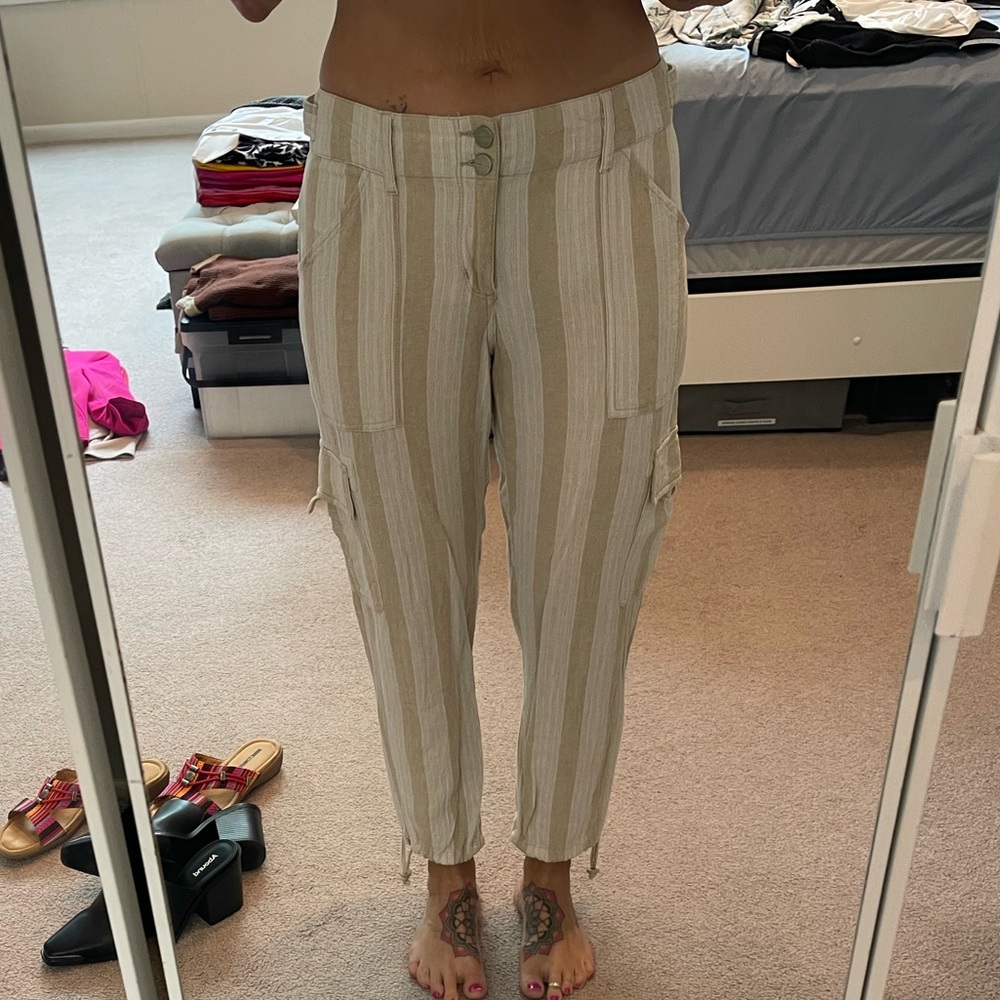 Sanctuary x Anthropology Striped Beige Women's Linen Pants